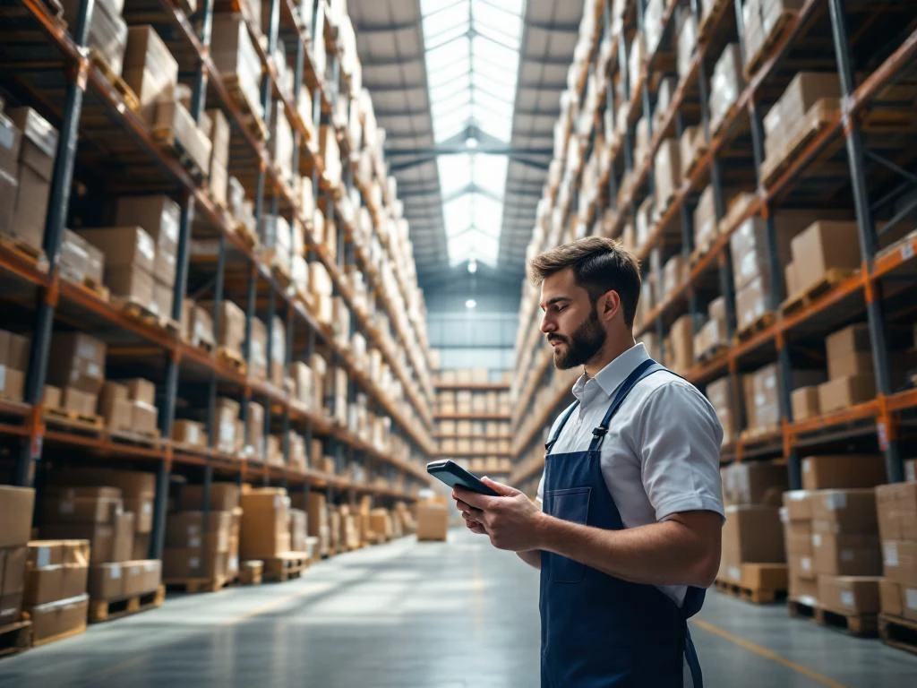 Warehouse worker using handheld scanner to check inventory among tall steel shelving systems with organized pallets and boxes.