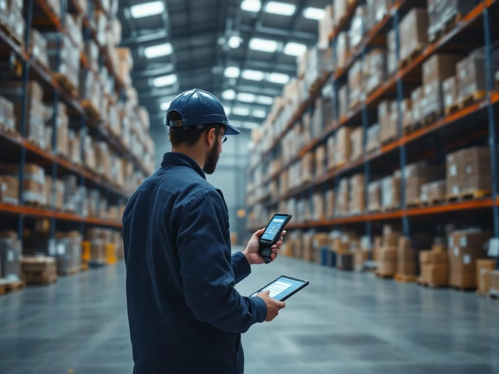 Logistics professional using handheld scanner and tablet in modern warehouse with steel shelving and organized pallets