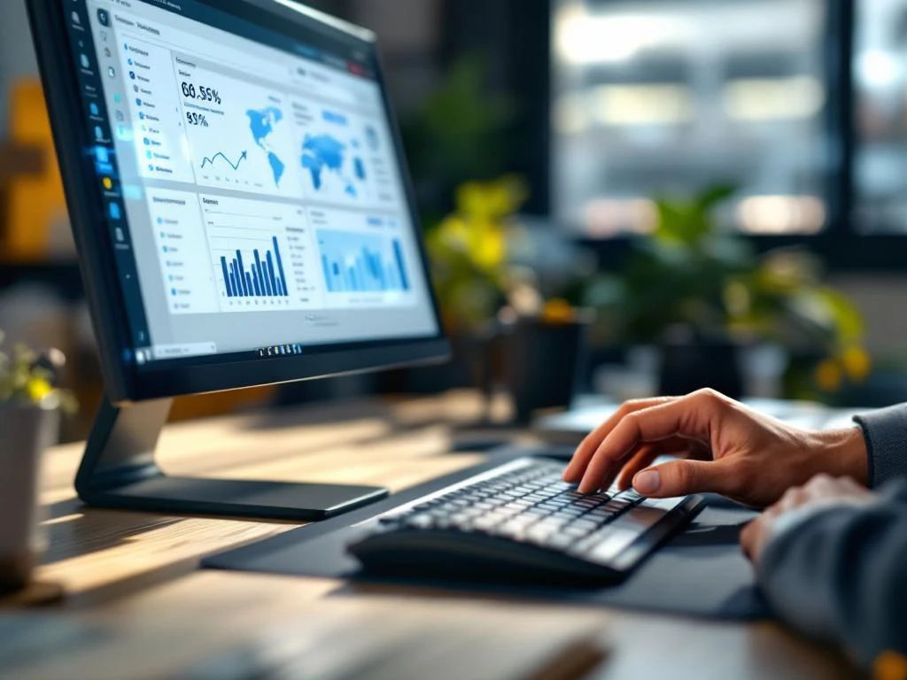 Logistics planner working at computer with warehouse management dashboard displaying real-time inventory data and order flows