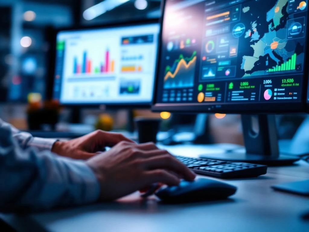 Logistics professional using warehouse management dashboard with real-time inventory data and European map displays