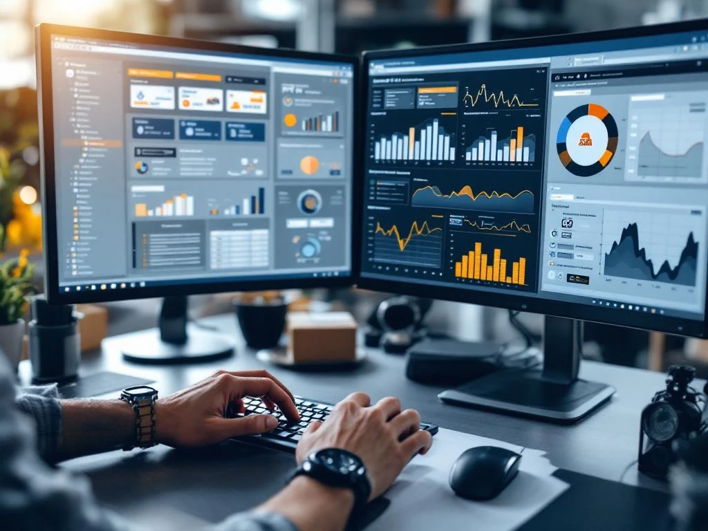 Logistics planner using multiple monitors displaying ERP and warehouse management dashboards with real-time inventory data