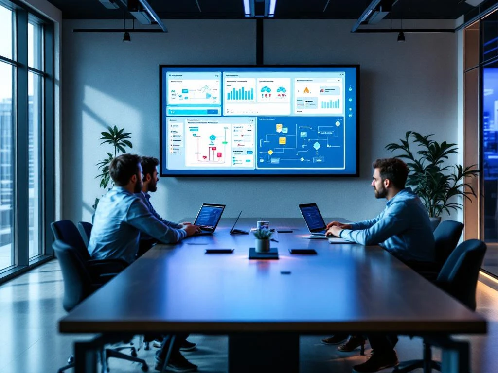 Modern office meeting room with software developers and business consultants discussing warehouse management system implementation.