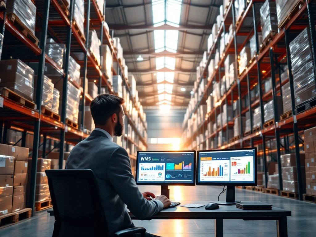 Logistics professional analyzing WMS dashboard data at computer workstation in modern warehouse with steel shelving systems