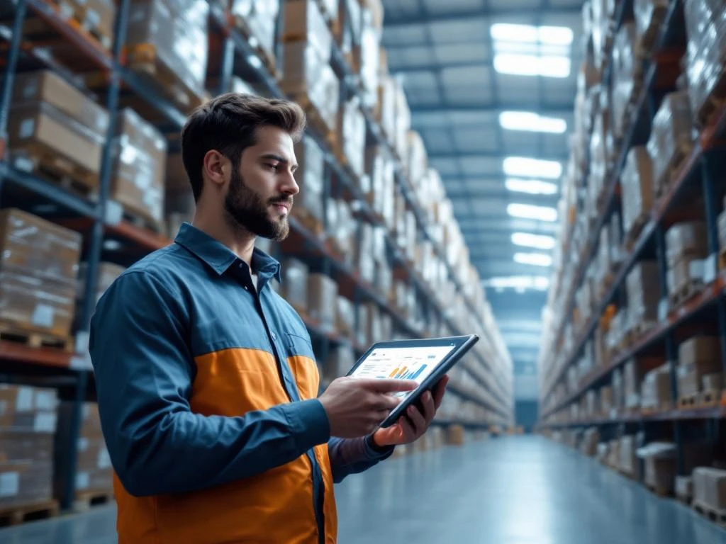 Logistics worker using tablet for digital inventory management in modern warehouse with organized shelving units