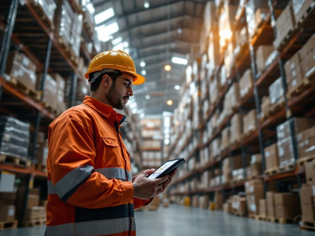 Logistics professional using handheld scanner and tablet in modern warehouse with organized shelves and inventory pallets