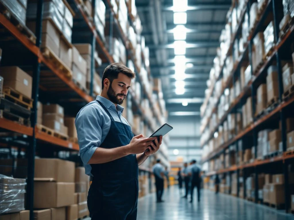 Logistics worker using tablet in modern warehouse with organized inventory shelves and collaborative team environment.