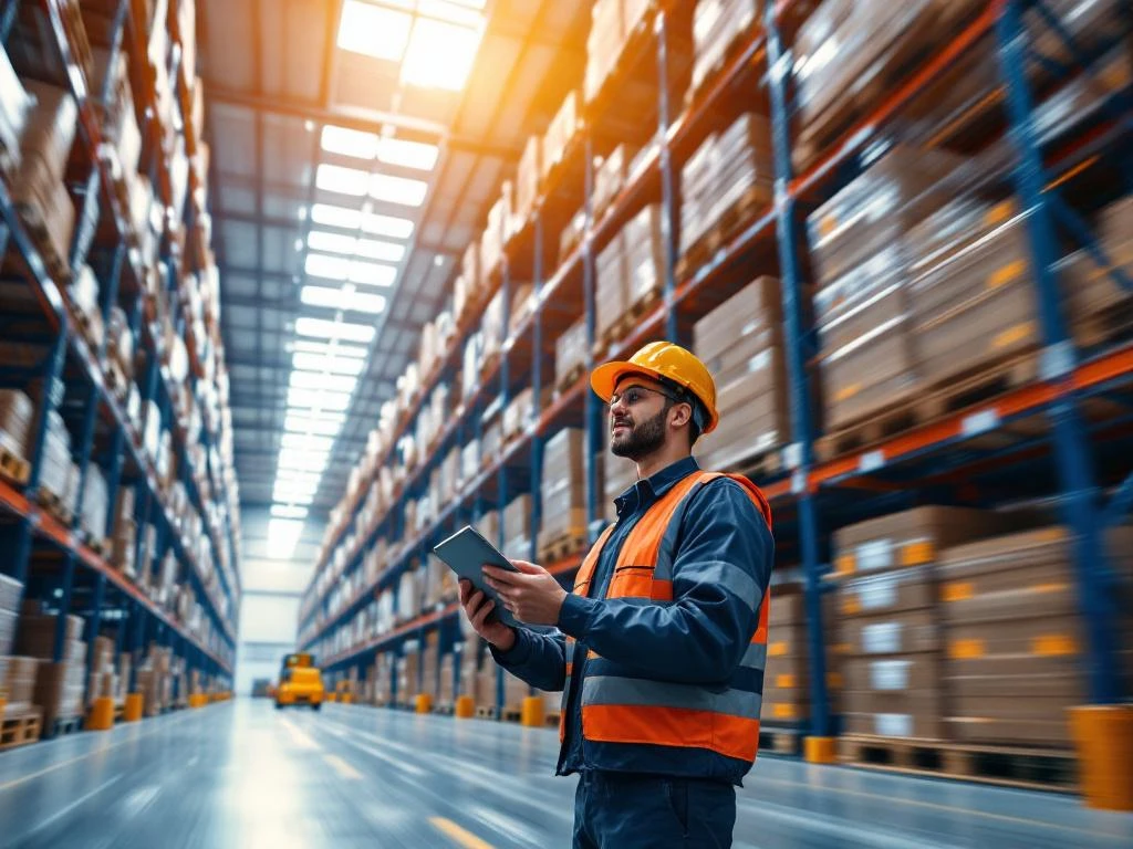 Logistics worker with tablet scanning inventory in modern warehouse with steel shelving and organized pallets