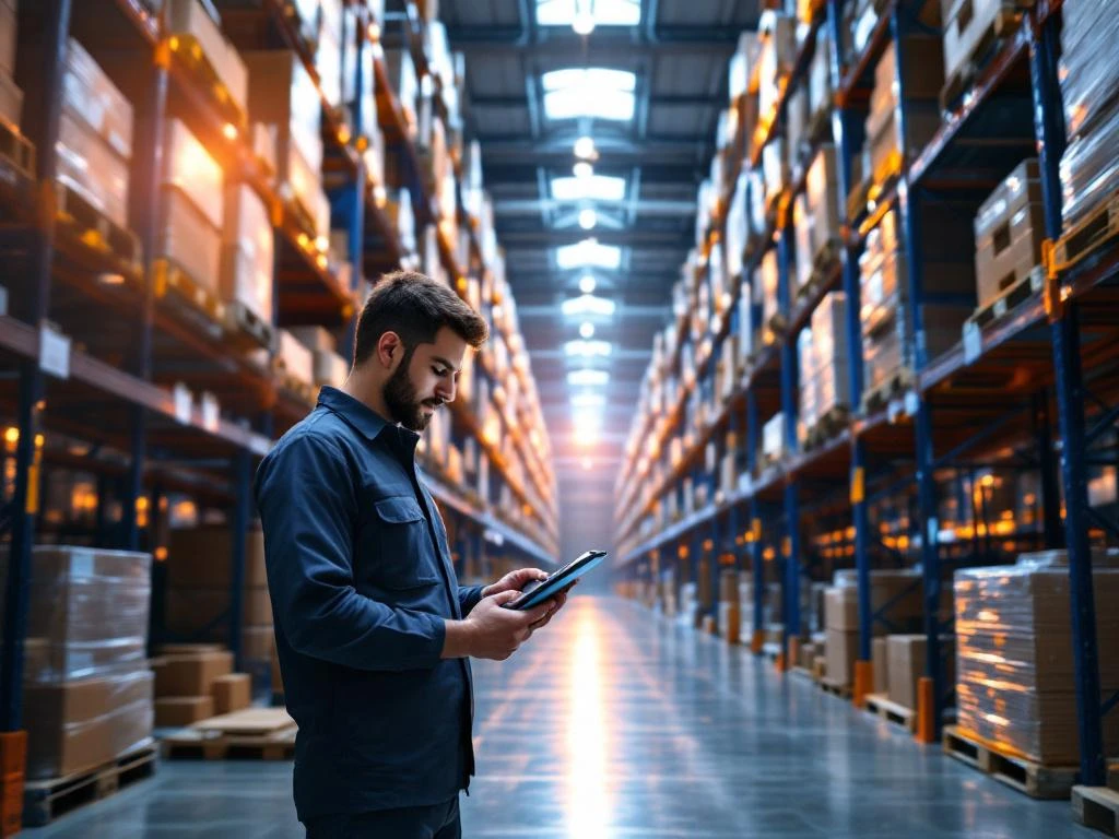 Warehouse worker using tablet to scan inventory in modern fulfillment center with organized shelving and natural lighting
