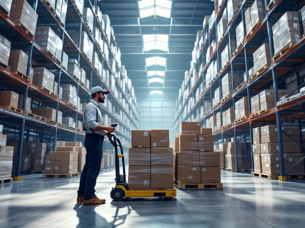 Warehouse worker scanning inventory with handheld device beside picking cart in organized steel shelving facility