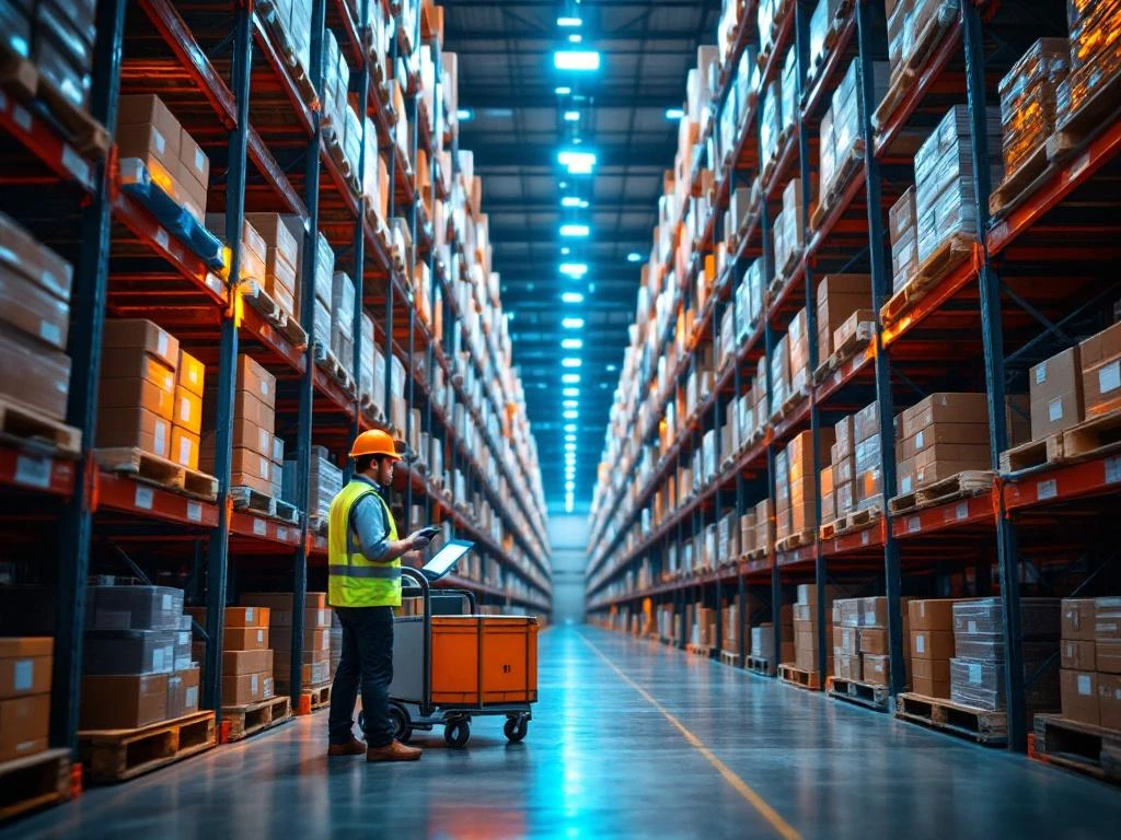 Worker with scanner and cart in modern warehouse with tall steel shelving systems and organized inventory pallets