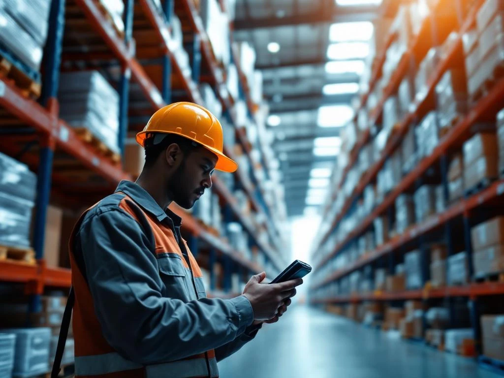 Warehouse worker using handheld scanner for inventory management in modern logistics facility with organized steel shelving