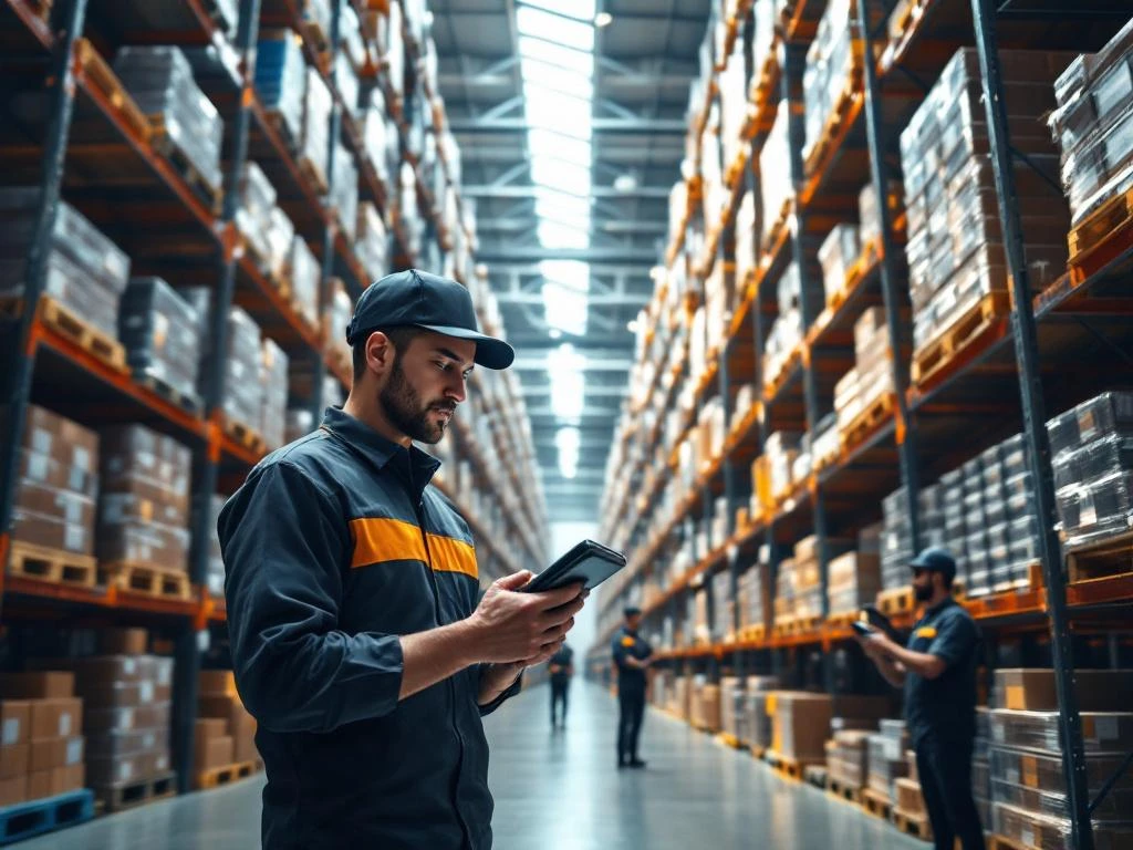 Warehouse worker using handheld scanner to pick items from organized steel shelving system in modern logistics facility