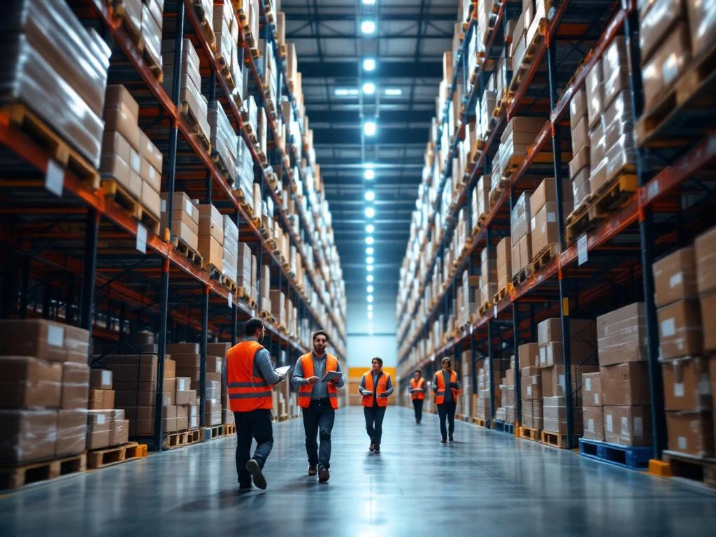 Workers in safety vests using tablets and scanners in modern warehouse with organized pallets and shelving systems