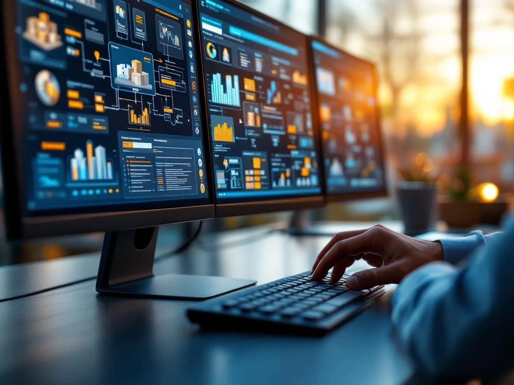 Logistics professional working at computer monitors displaying warehouse management system dashboards and integration data.