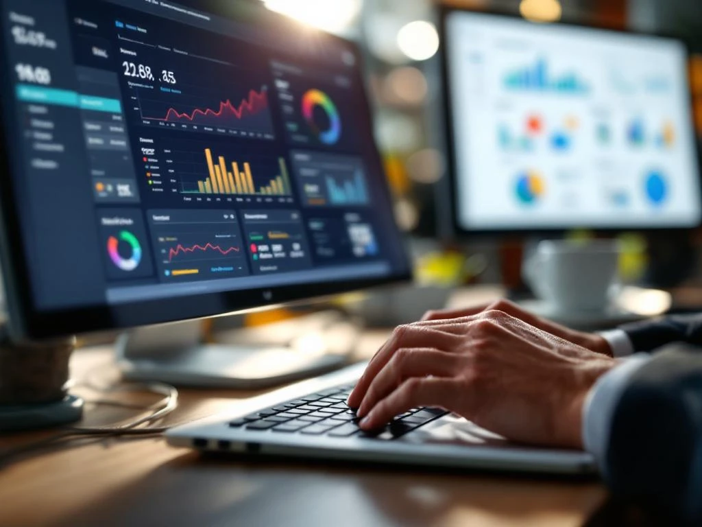 Logistics professional typing on laptop with WooCommerce dashboards and warehouse management systems on multiple screens