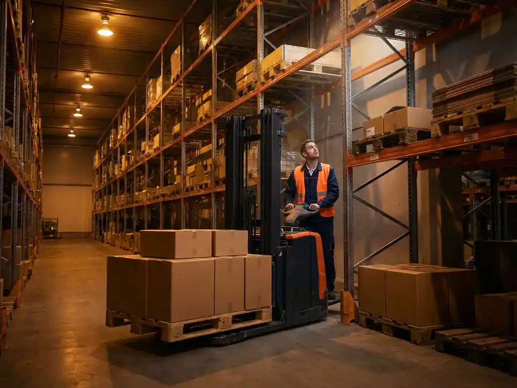 Forklift operator positioning pallet toward gap in high steel warehouse racking, minimal buffer stock visible on shelves, industrial lighting casting shadows down aisle
