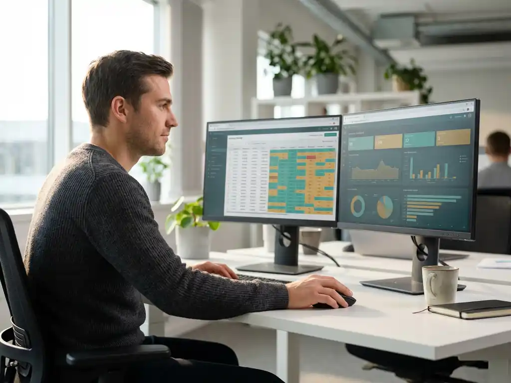 Logistics coordinator reviewing warehouse inventory dashboard on dual monitors at modern office desk with natural lighting