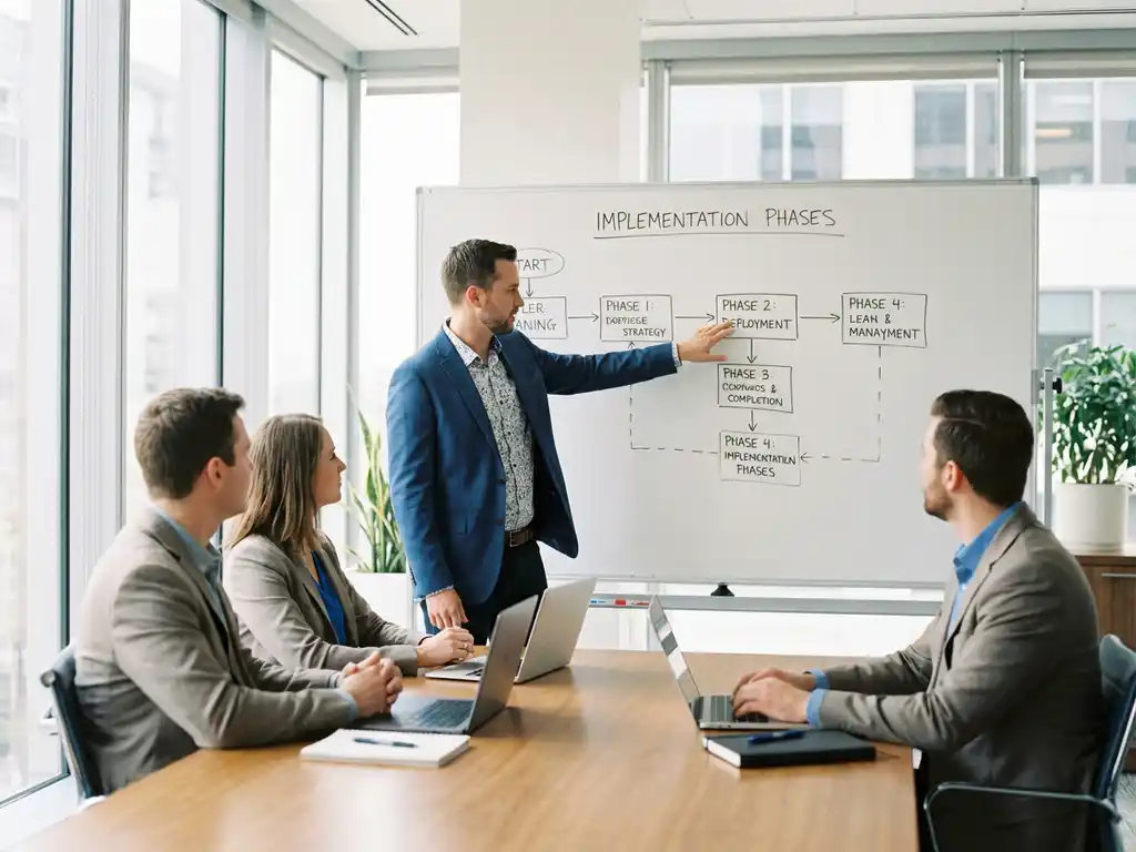 Logistics manager pointing at implementation flowchart on whiteboard while three colleagues with laptops watch in bright meeting room