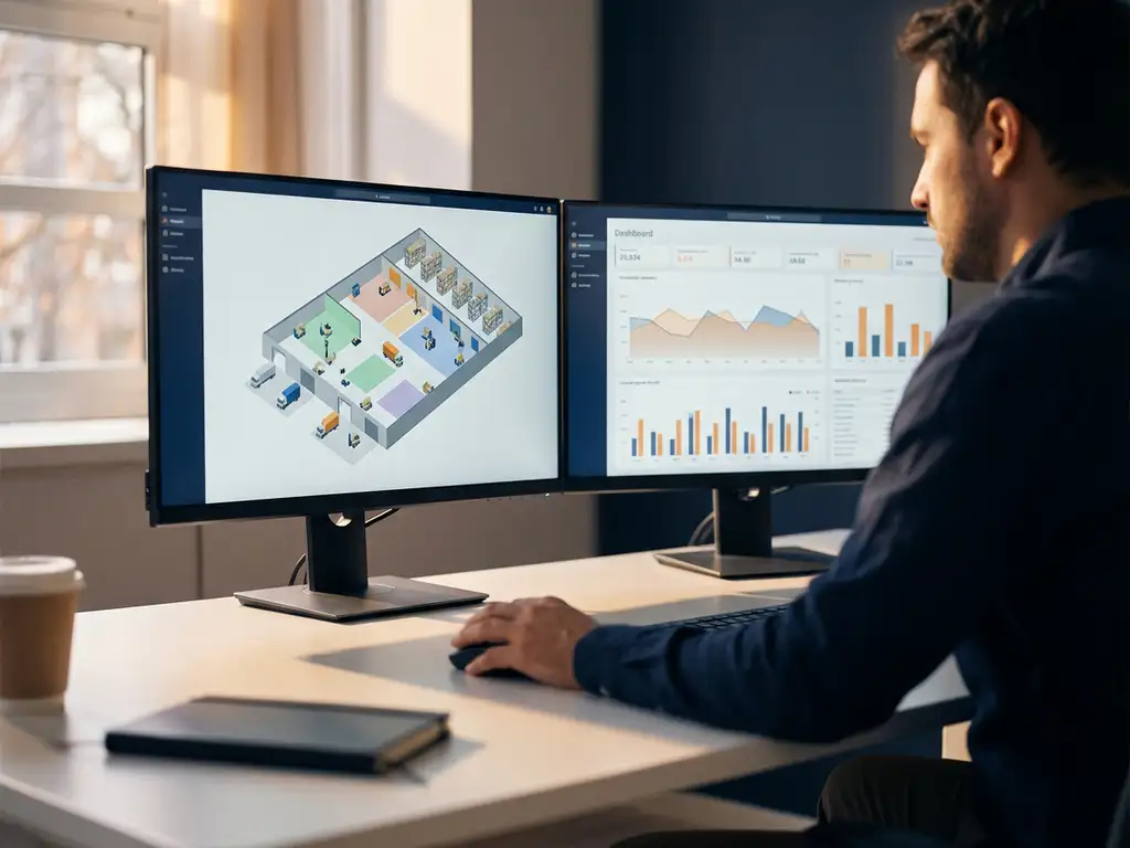 Logistics planner reviewing warehouse maps and financial charts on dual monitors at a sunlit desk