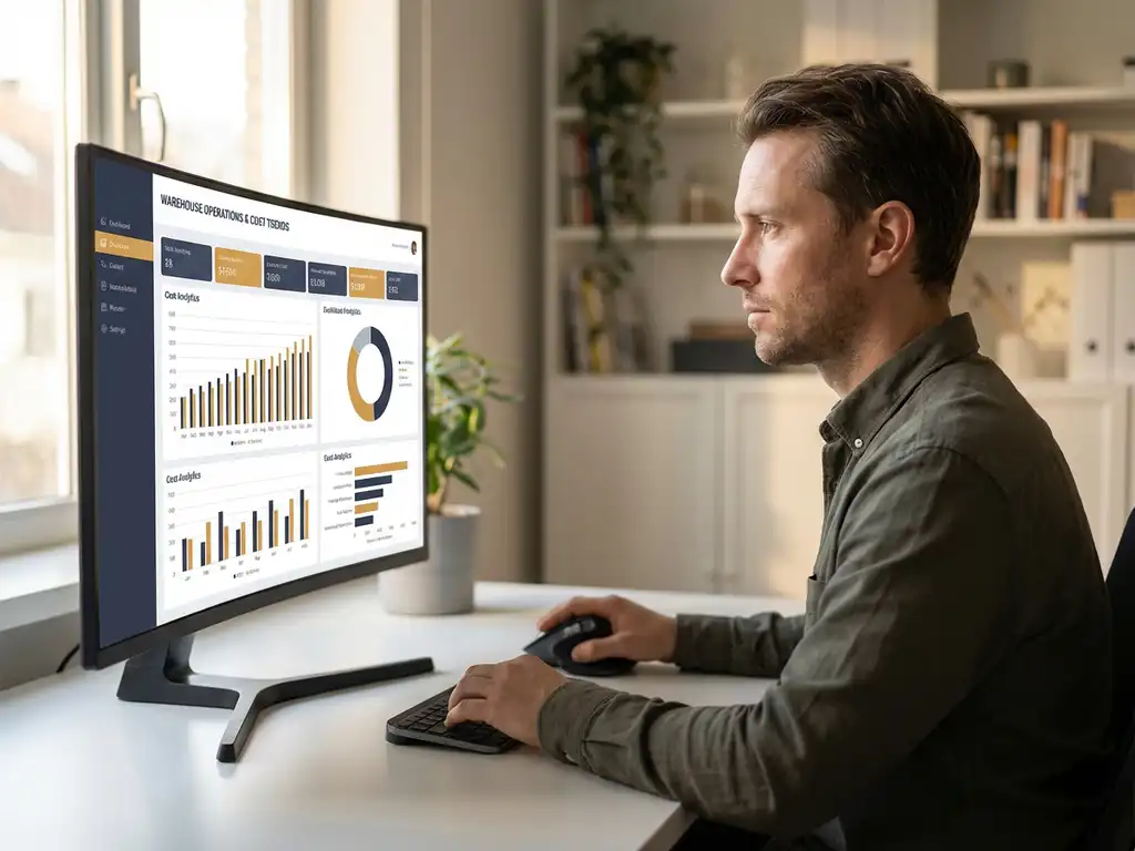 Logistics planner analyzing warehouse cost analytics dashboard on monitor, natural light illuminating focused profile in modern office