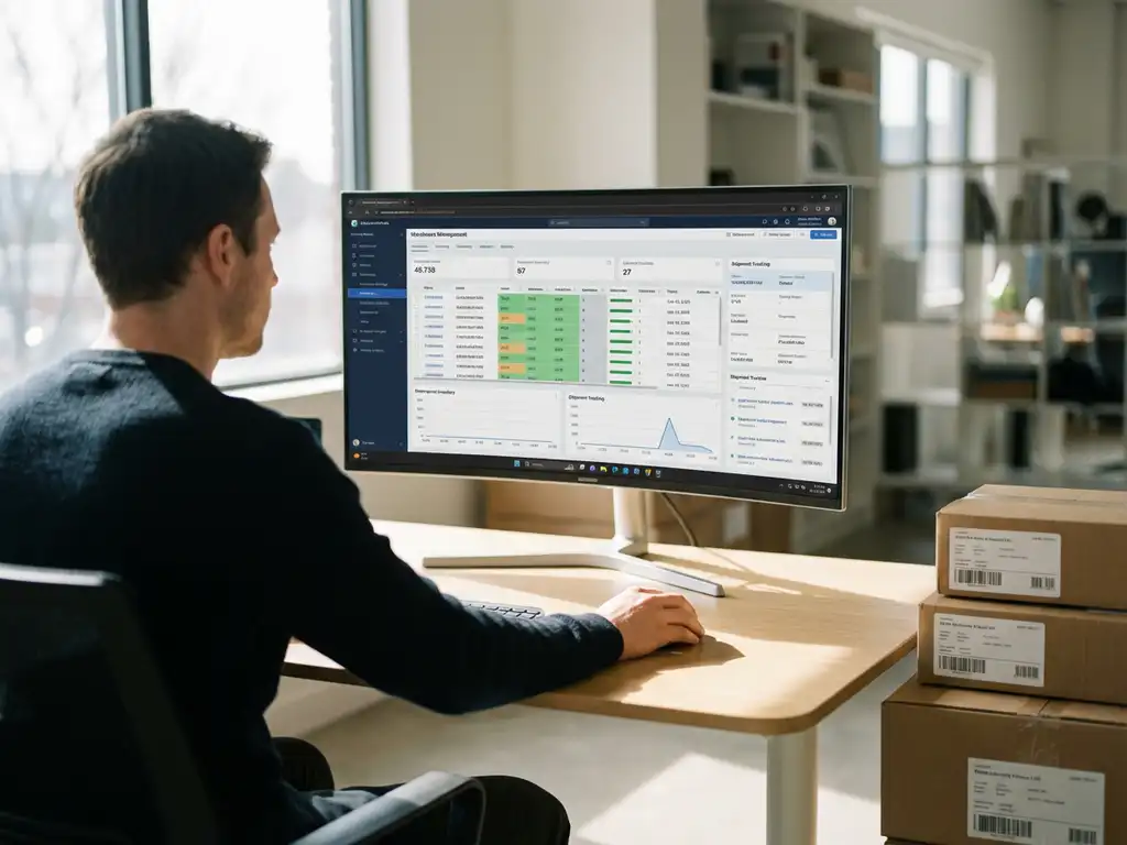 Logistics planner at modern desk viewing warehouse management dashboard on monitor, shipping boxes nearby, natural daylight