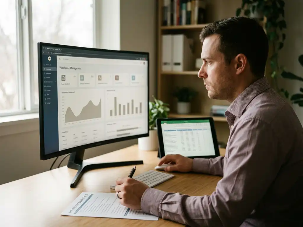 Logistics planner reviewing warehouse management dashboard on monitor with implementation checklist and tablet nearby