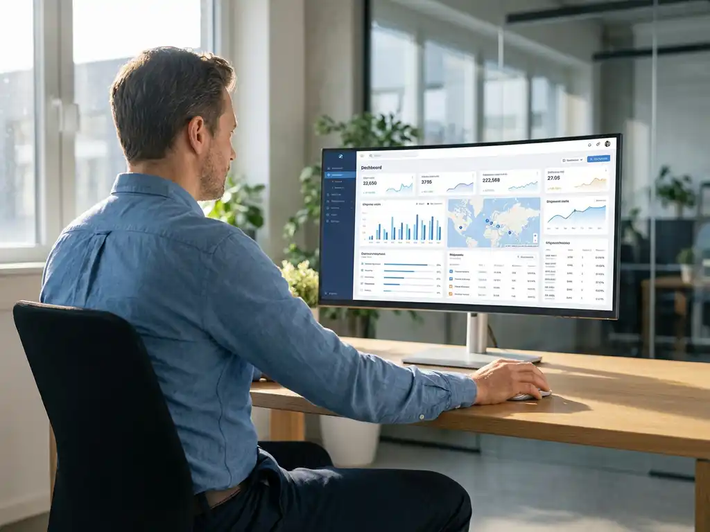 Logistics planner at desk viewing warehouse dashboard on monitor, natural daylight illuminating modern office workspace