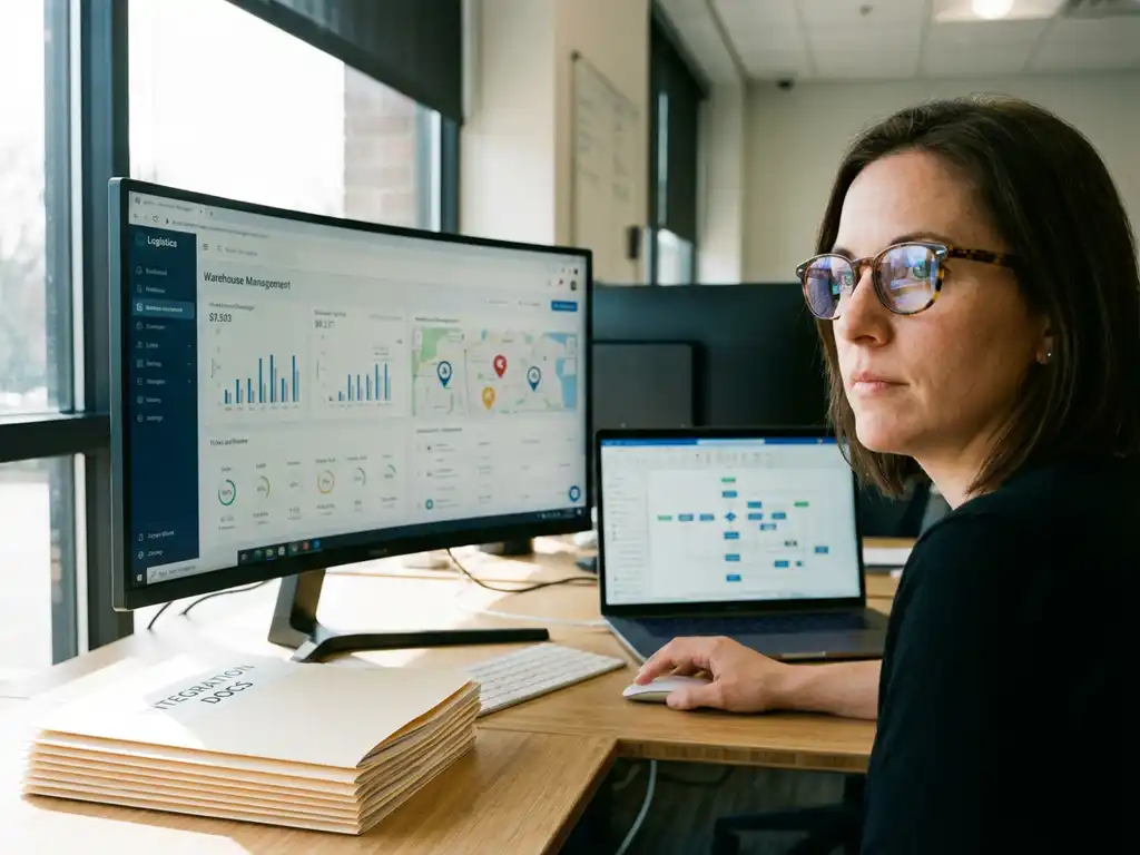 Logistics planner at desk studying warehouse management dashboard on monitor, laptop showing system flowcharts, natural light