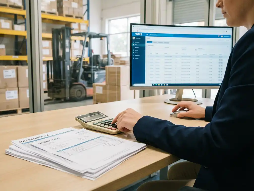 Logistics planner at desk reviewing cost sheets while navigating WMS dashboard, warehouse with shelving visible in background