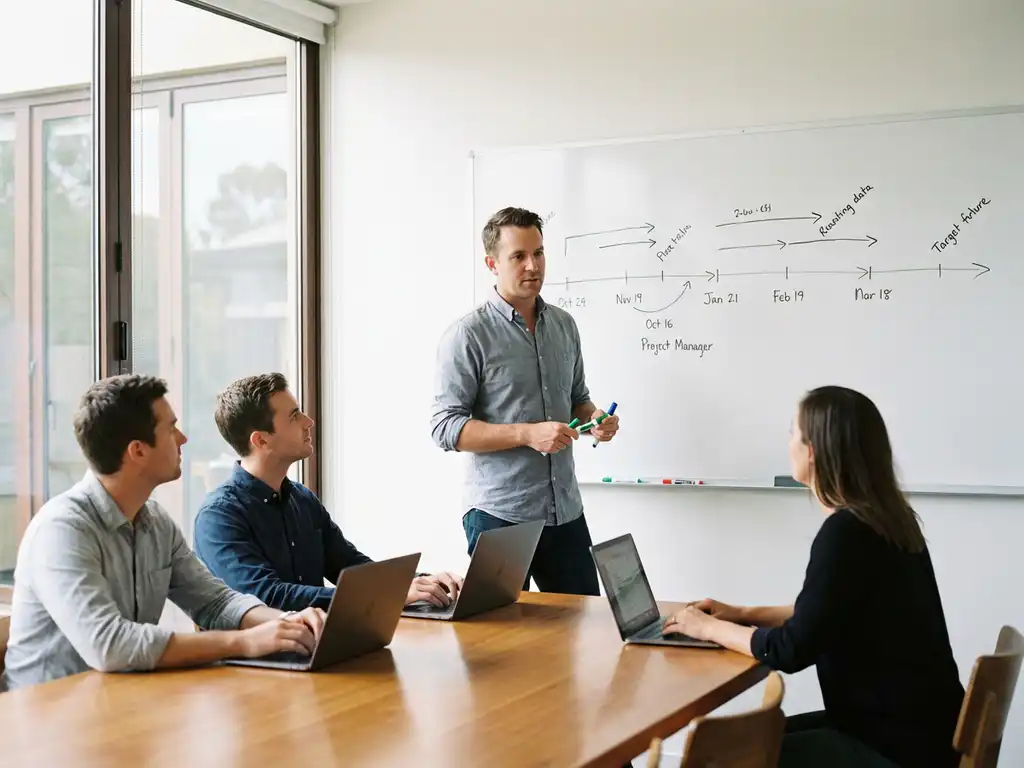 Project manager drawing timeline on whiteboard while three colleagues with laptops observe during collaborative planning session