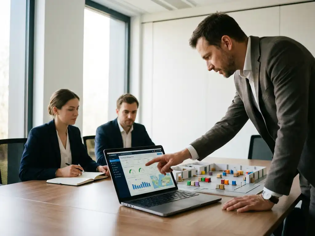 Logistiek consultant wijst naar warehouse management dashboard op laptop terwijl collega's aantekeningen maken in moderne vergaderruimte