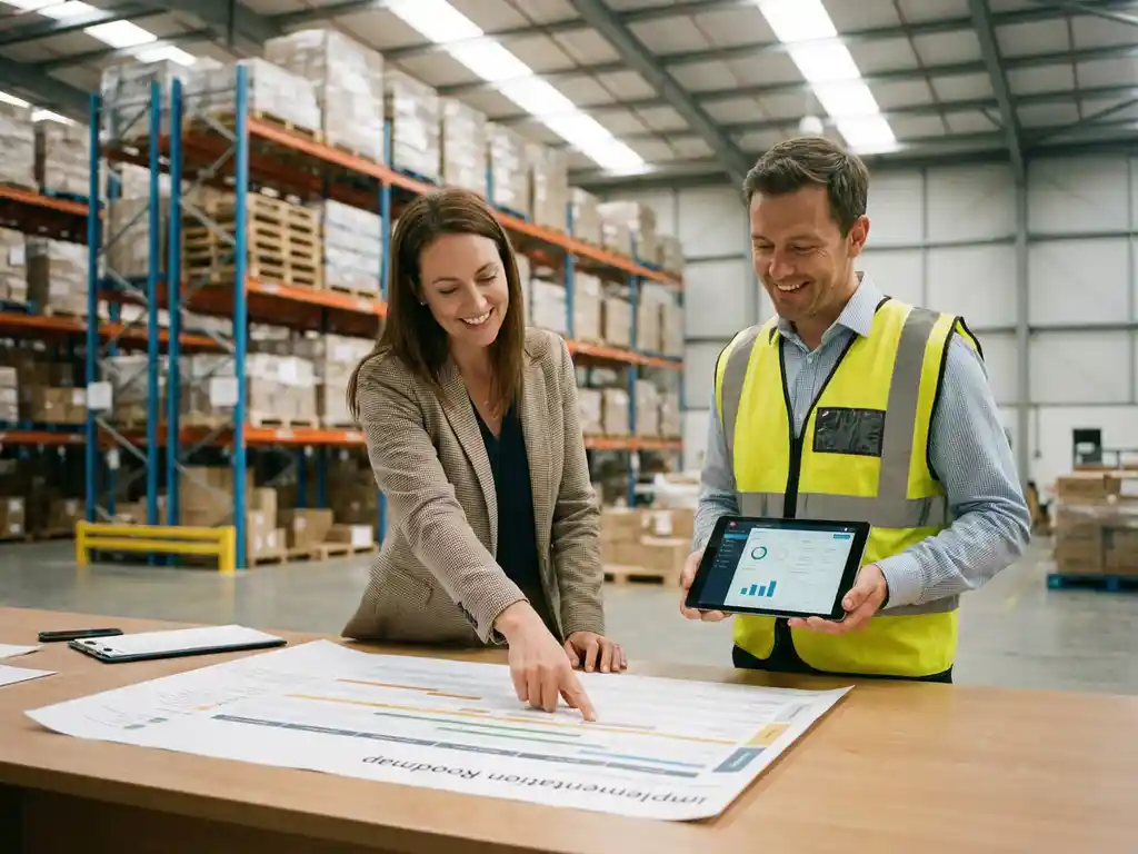 Davanti WICS | Blog & Resources | logistiek consultant warehouse manager wms implementatie Logistiek consultant en magazijnmanager bespreken implementatieplan bij bureau in modern magazijn met hoge stellingen