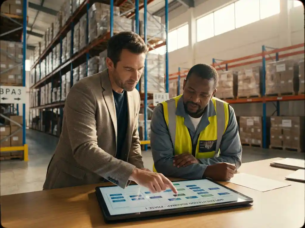 Davanti WICS | Blog & Resources | logistiek consultant warehouse planning samenwerking Logistiek consultant en magazijnmanager bespreken implementatieplan op tablet in modern magazijn met natuurlijk licht