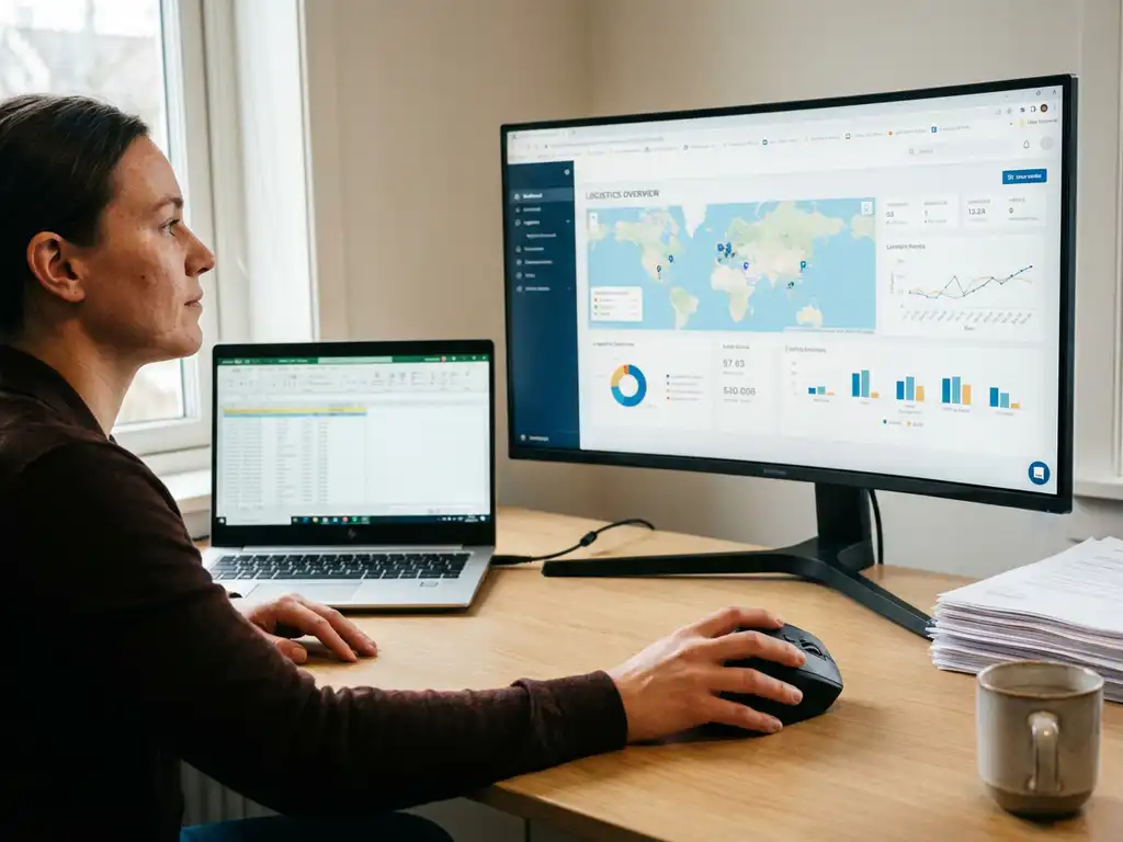 Davanti WICS | Blog & Resources | logistiek planner dashboard kantoor werkplek Logistiek planner aan bureau bekijkt dashboard op monitor, laptop ernaast, documenten en koffiemok, natuurlijk daglicht