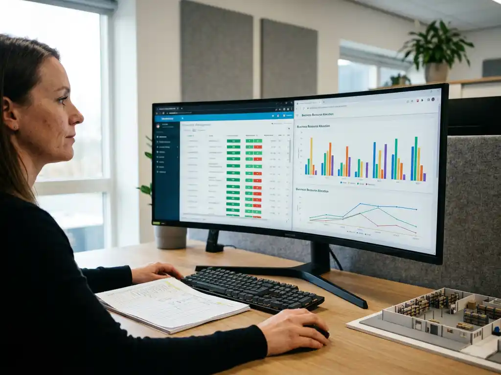 Logistiek planner bekijkt dashboard met voorraad- en bedrijfsgegevens op monitor, spreadsheet en plattegrond op bureau