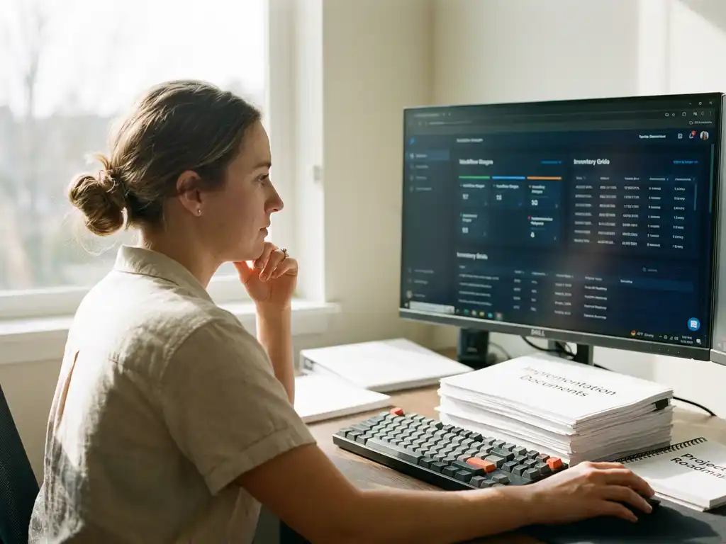 Logistiek planner bekijkt dashboard met workflowfasen en voorraadoverzichten op monitor, projectdocumenten op bureau