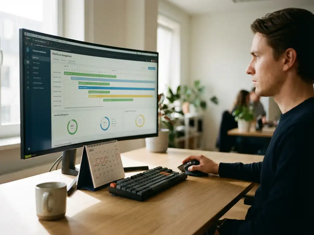 Logistiek planner bekijkt warehouse management dashboard met tijdlijnen op monitor, bureaukalender met omcirkelde data, natuurlijk daglicht