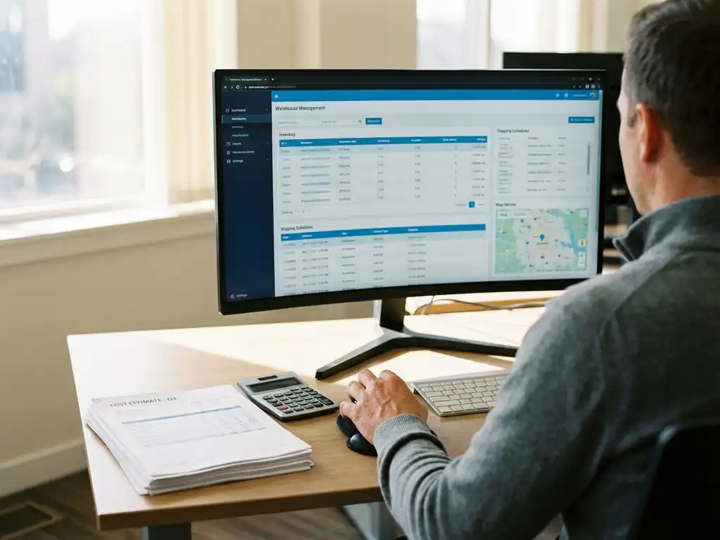 Logistiek planner bekijkt warehouse management dashboard met voorraadgegevens en verzenddata op moderne werkplek
