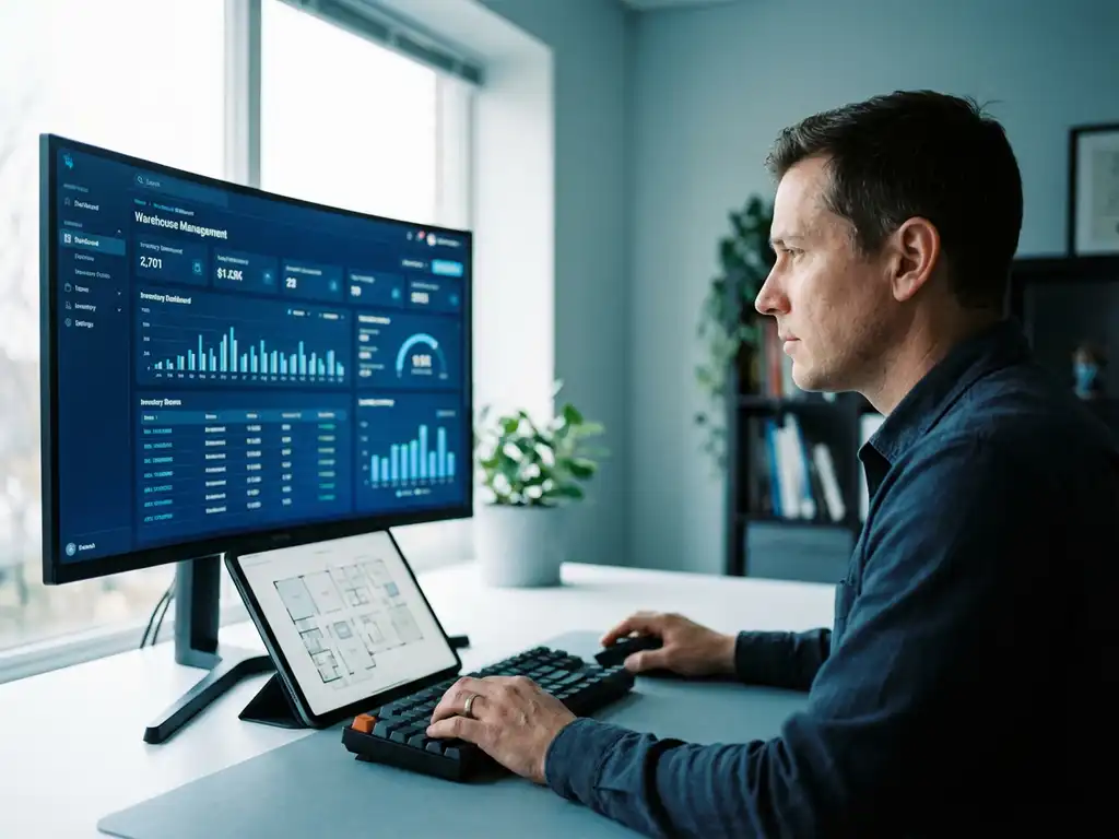 Logistiek planner bekijkt warehouse management dashboard met voorraadoverzichten op monitor, tablet met plattegronden naast toetsenbord