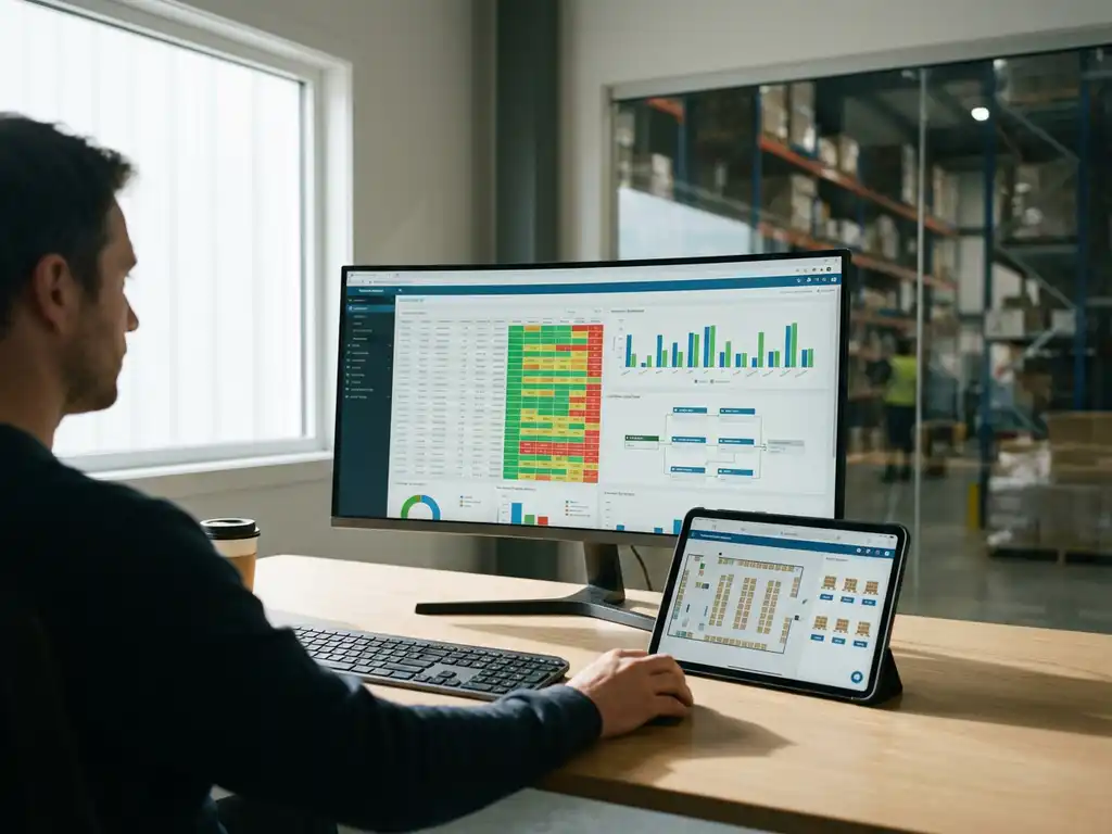 Logistiek planner bekijkt magazijndashboard met voorraadoverzichten op monitor, tablet toont palletlocaties, modern kantoor