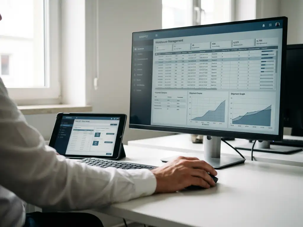 Logistiek planner bekijkt warehouse management dashboard met voorraadgegevens en zendingsinformatie op groot scherm