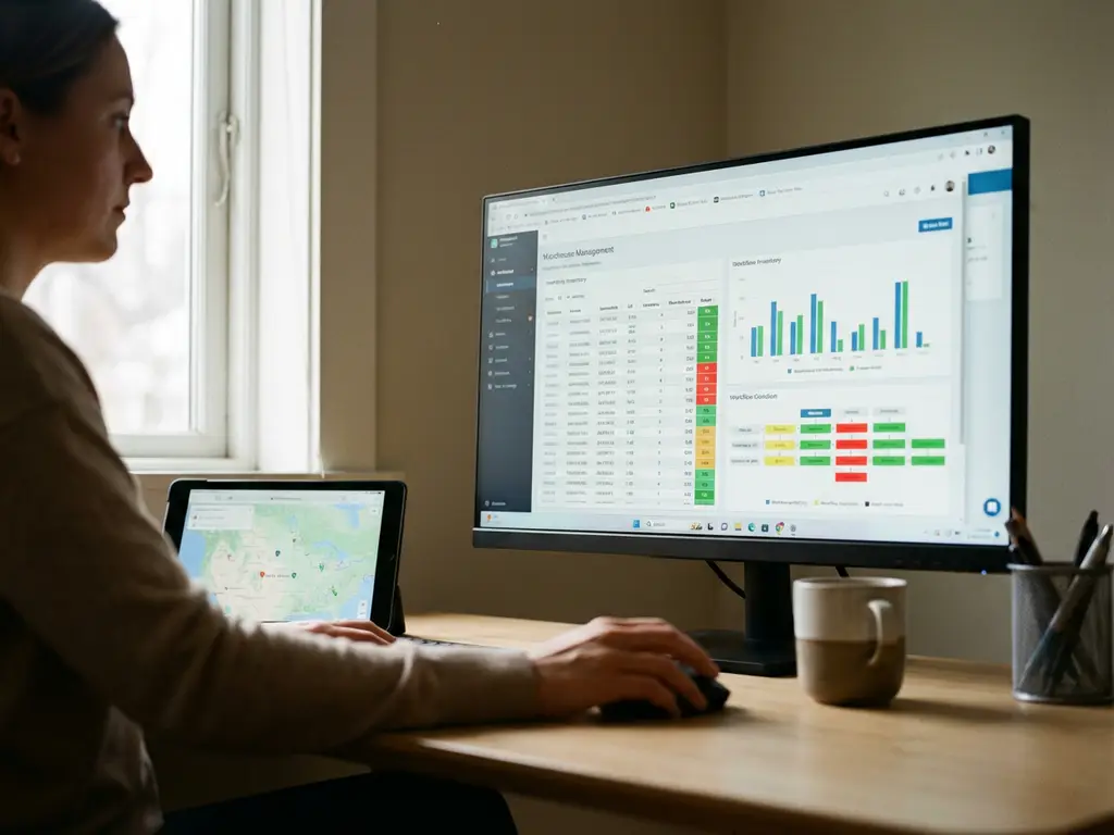 Logistiek planner bekijkt warehouse management dashboard met voorraadoverzichten op computermonitor in zonverlicht kantoor
