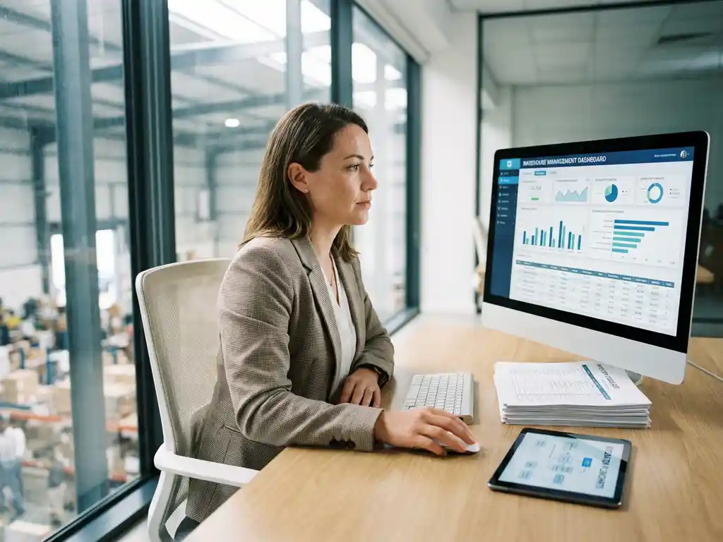 Logistiek planner bekijkt warehouse management dashboard op monitor, met inventarislijsten en tablet op bureau