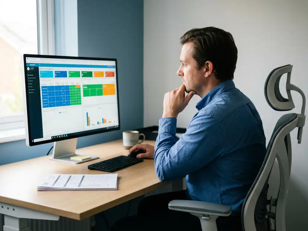Logistiek planner bekijkt warehouse management dashboard met kleurgecodeerde voorraadoverzichten op groot scherm
