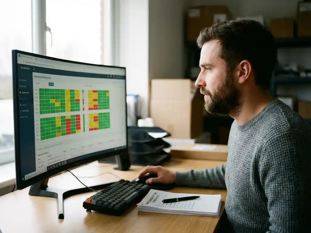 Logistiek planner bestudeert warehouse management dashboard met kleurgecodeerde voorraadoverzichten aan modern bureau