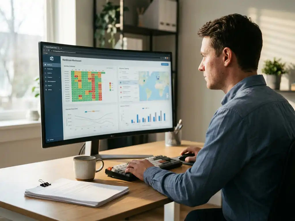 Logistiek planner bekijkt warehouse management dashboard met voorraadoverzicht en zendingtracking op groot computerscherm