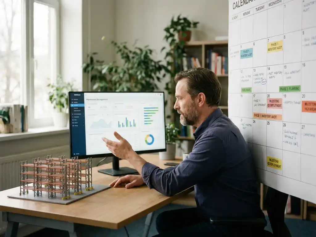 Logistiek planner aan bureau wijst naar warehouse management dashboard, hand op wandkalender met mijlpalen