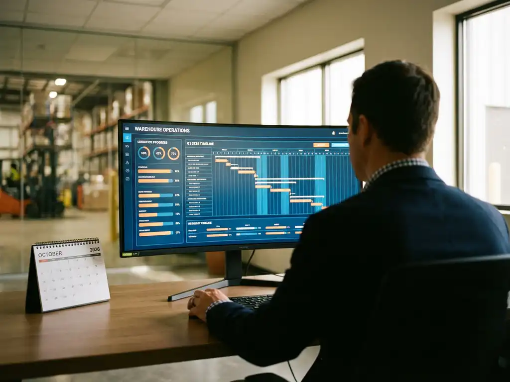 Davanti WICS | Blog & Resources | logistiek planner warehouse dashboard 2026 Logistiek planner bekijkt warehouse management dashboard met tijdlijngrafieken op monitor, modern kantoor met daglicht