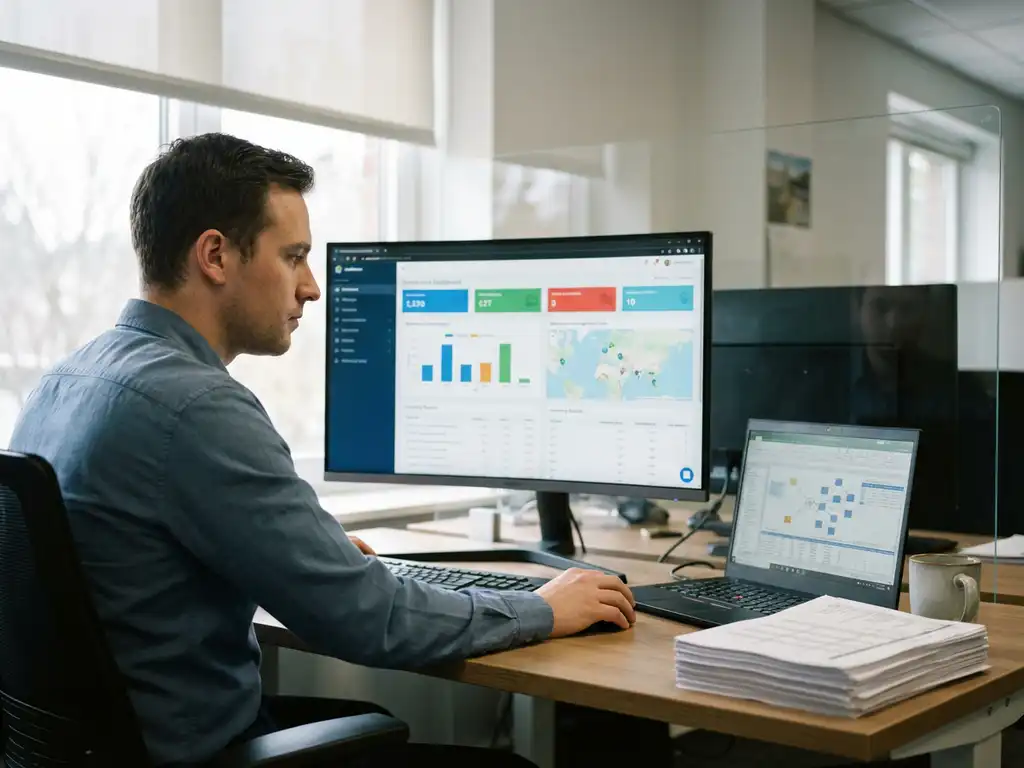 Logistiek planner bekijkt warehouse management dashboard op monitor met voorraadgegevens in modern kantoor met daglicht