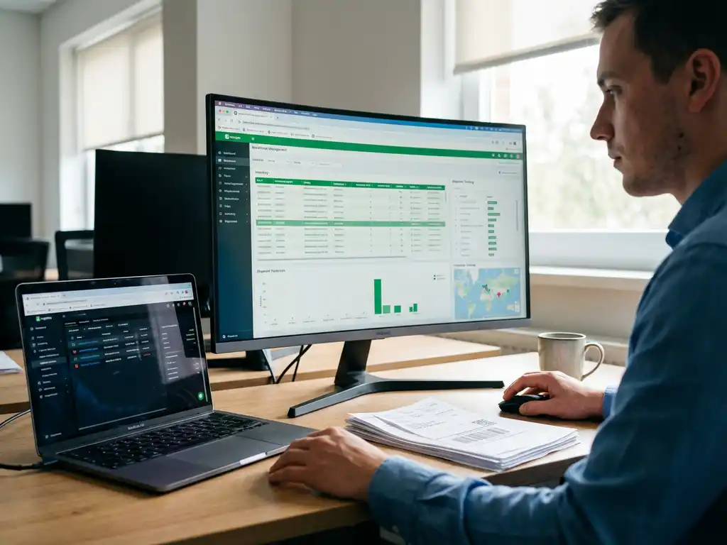 Logistiek planner bekijkt warehouse management dashboard op monitor met voorraadgegevens, laptop en documenten op bureau